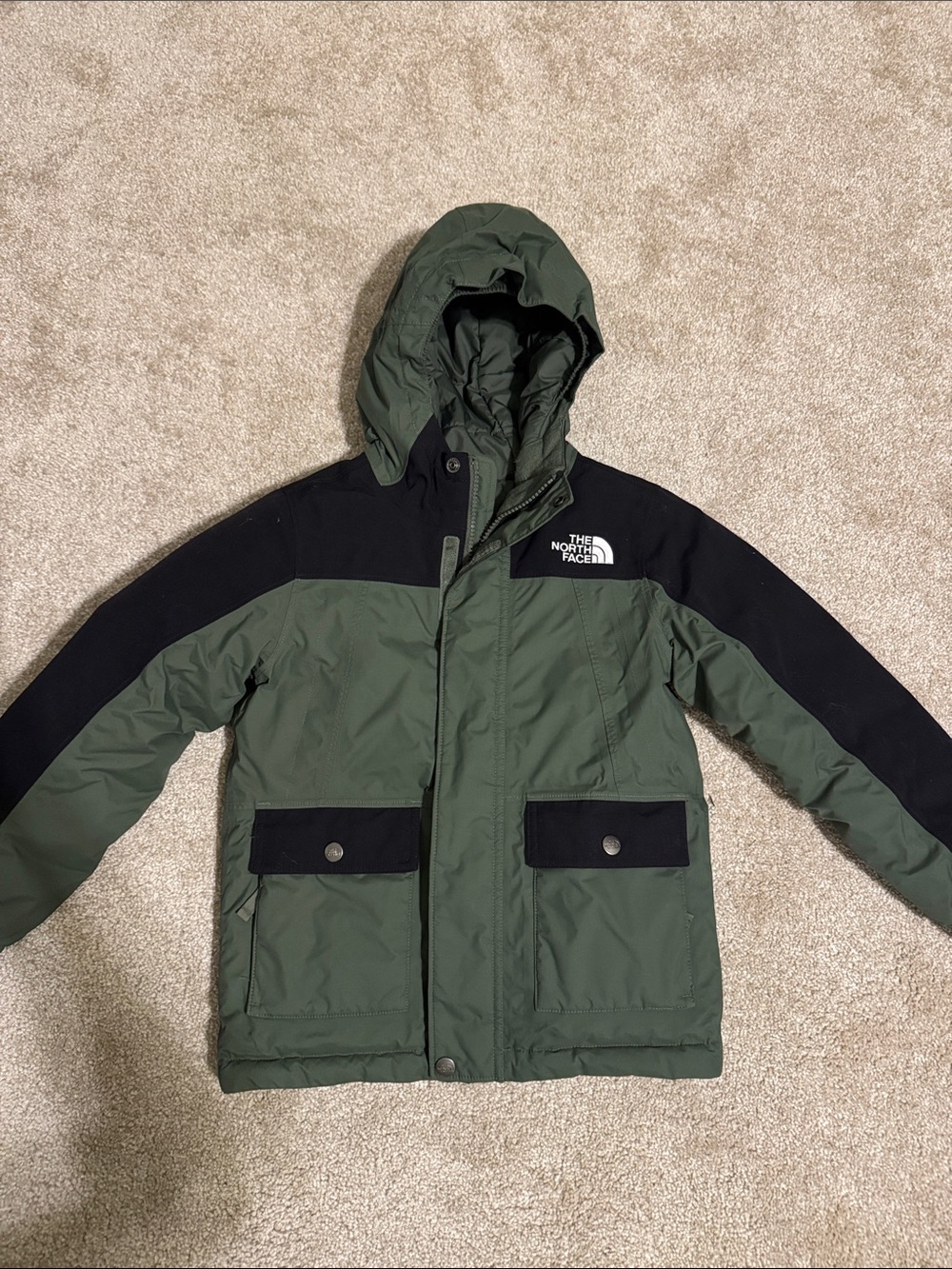 The North Face Boy's Hooded Insulated Jacket - Olive Green with Black Accents